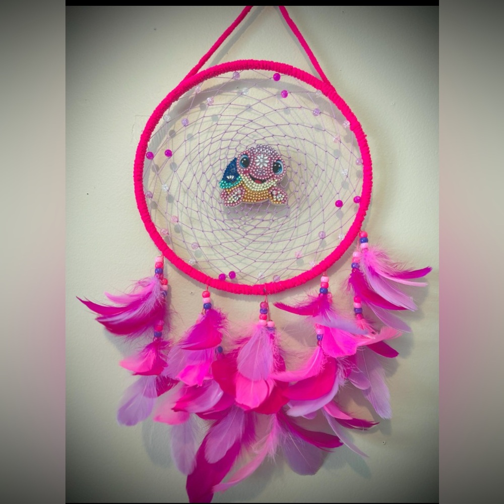 Handmade Pink Dot Art Turtle Dreamcatcher